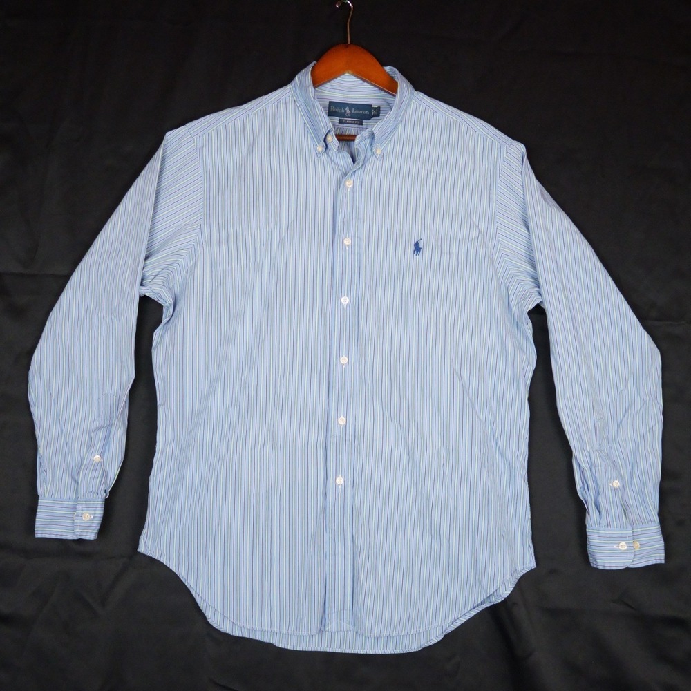 Ralph Lauren Button Down Mens 16.5 34/35 Blue Striped Classic Fit Cotton Shirt